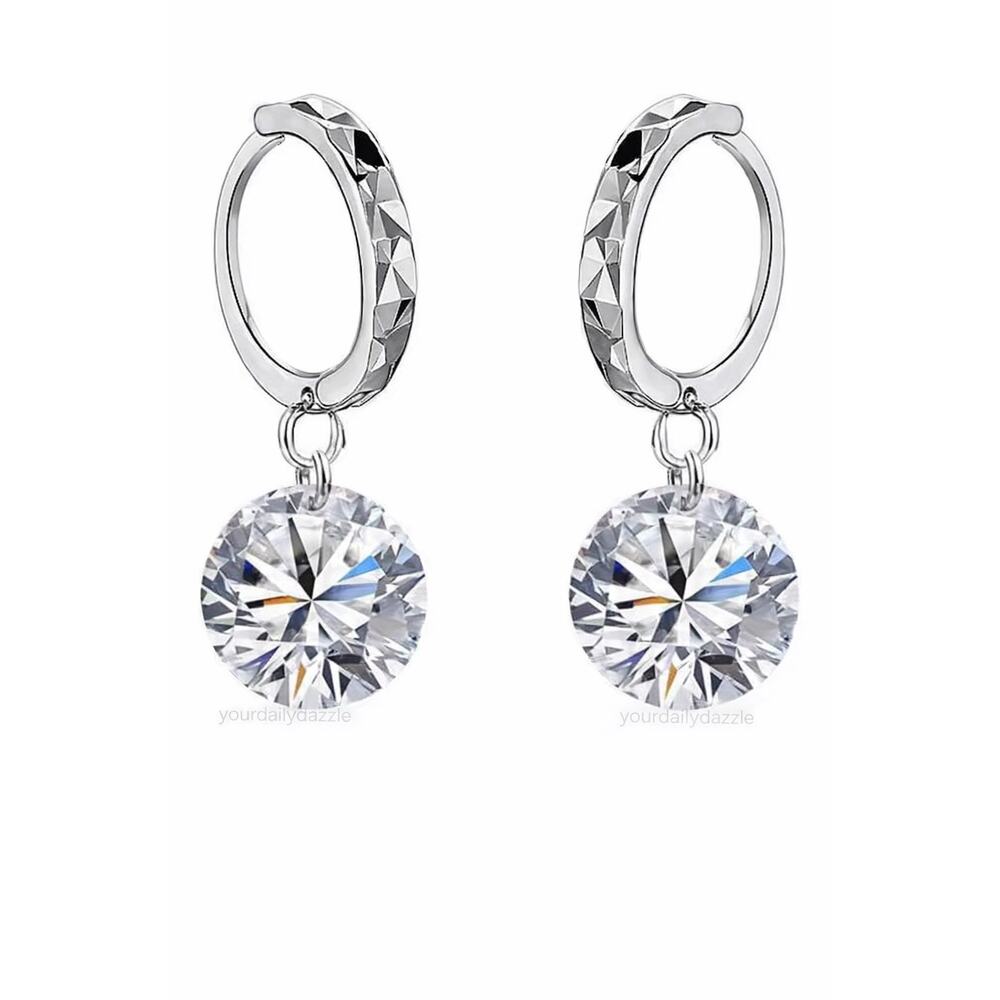 925 Sterling Silver Hoop Earrings Clear Crystal Gemstone Dangle